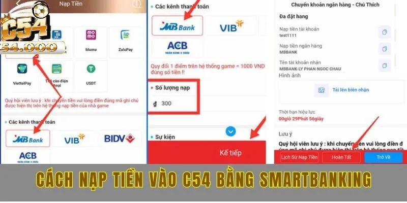 Nạp tiền C54 2 Cách nạp tiền vào C54 bằng smartbanking